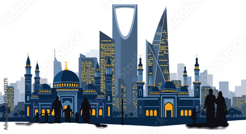 Riyadh skyline illustration featuring modern skyscrapers and traditional Islamic architecture with families walking by at dusk