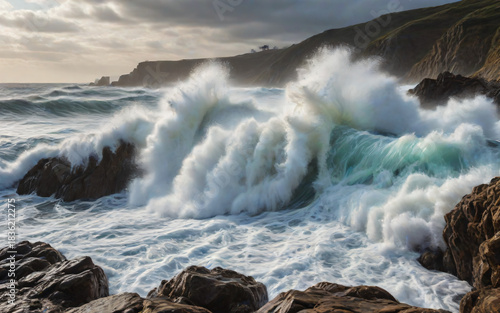 Ocean Waves Crashing on Rocky Coast