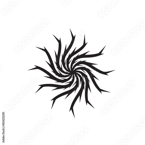 Abstract thorny spiral design sharp spiky radial pattern dark graphic element for branding and decor