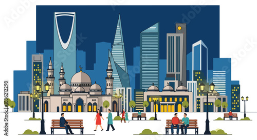 Riyadh Skyline Illustration Featuring King Abdullah Financial District and Modern Skyscrapers against a Night Sky with People in a Park