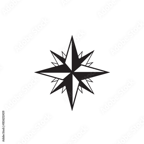 Black and white compass rose icon a navigational symbol for direction and exploration isolated on a clean white background