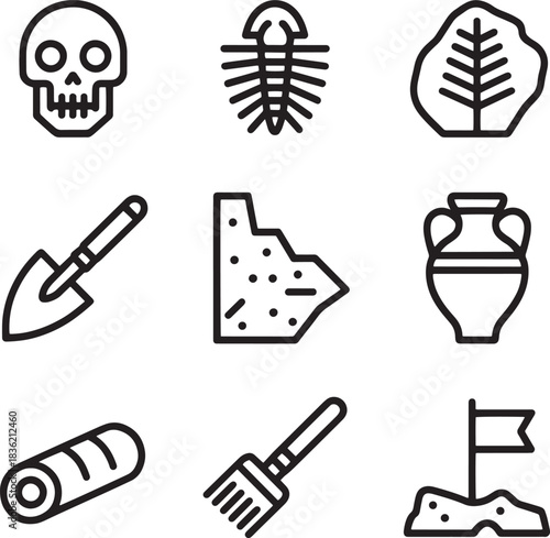 Archaeology Line Icons Skull Fossil Shovel Artifacts Ancient Excavation Flag Tools