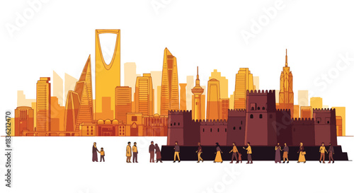 Riyadh Skyline Featuring Modern Skyscrapers and Traditional Fort Buildings with People Walking in the Foreground on a White Background