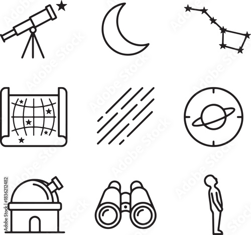 Astronomy vector icons set telescope constellation map moon binoculars space planet