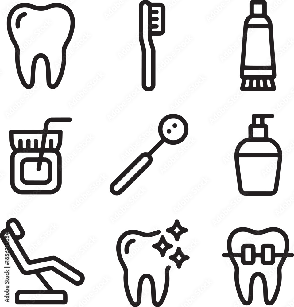 Fototapeta premium Collection of dental care icons featuring hygiene elements for oral health and treatment