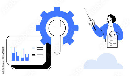 Gears with wrench, analytics dashboard, and presenter with pointer and document. Ideal for data analysis, technical support, project management, productivity, education strategy teamwork. Simple