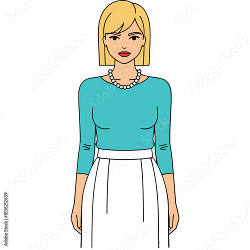 Woman Wearing A Teal Long Sleeved Top And White Skirt With Pearl Necklace Standing Against A Black Background