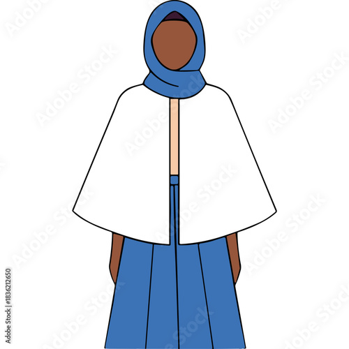 Woman Wearing Blue Hijab and White Cape Over Blue Skirt Standing Against Black Background Modest Fashion Islamic Clothing