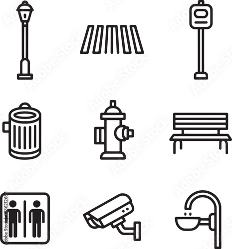 City elements such as light pole crosswalk bus stop trash can fire hydrant bench