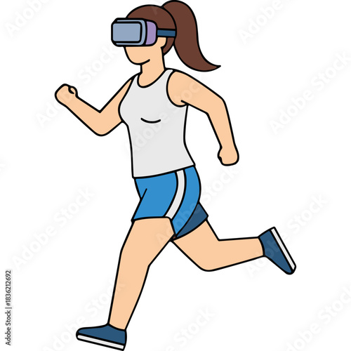 Woman Wearing Virtual Reality Headset Running in Athletic Wear with Blue Shorts and White Tank Top on Black Background