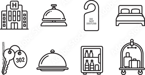 Hotel services icons vector set building room service bell key luggage drink fridge