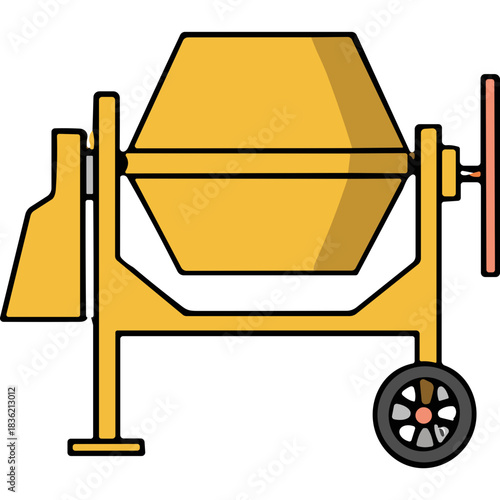 Yellow concrete mixer construction equipment with metal drum and wheels on a black background industrial machinery for building materials heavy duty tool for construction work