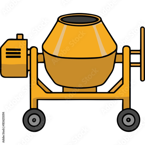 Yellow Concrete Mixer Machine on Wheels with Engine and Handle on Black Background