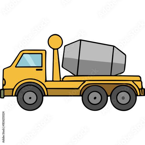Yellow cement truck with gray drum and black wheels on a black background ideal for construction and industrial themes