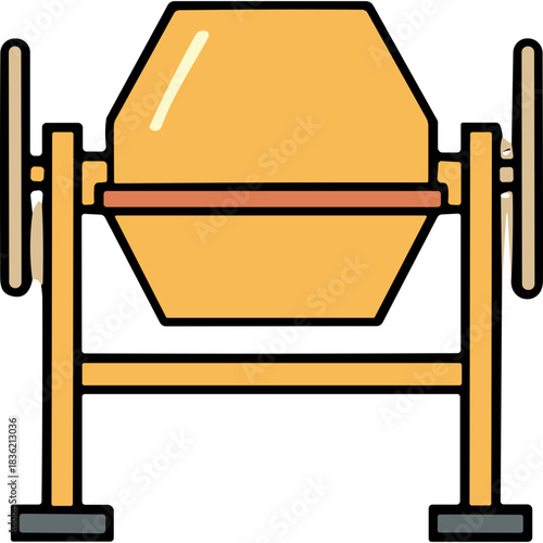 Yellow concrete mixer machine on a stand with orange mixing drum and gray base plates on a black background isolated vector illustration