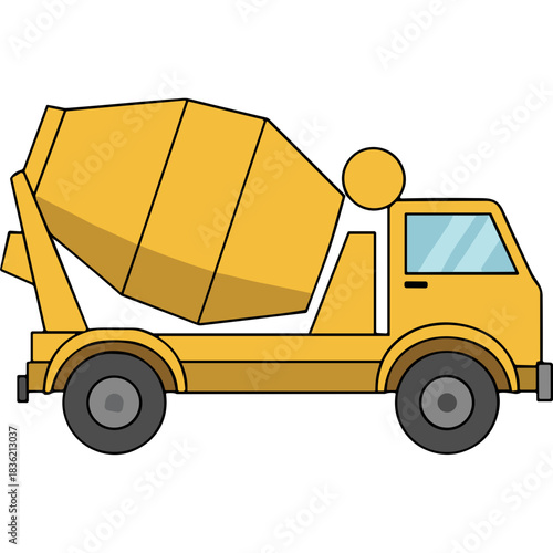 Yellow Concrete Mixer Truck Vehicle on Black Background Industrial Transportation Construction Equipment Side View