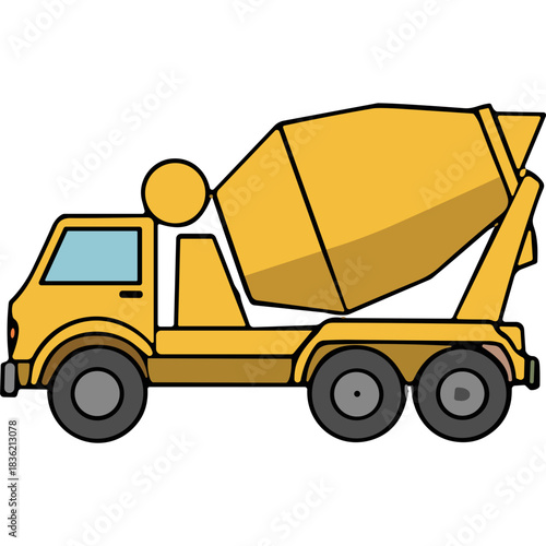 Yellow Concrete Mixer Truck with Rotating Drum Isolated on Black Background Vector Illustration Flat Design Style