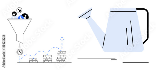 Funnel filtering diverse leads into coins, symbolizing ROI. Stacked coins growing with nurturing from watering can. Ideal for marketing, business growth, investment, strategy, ROI, financial