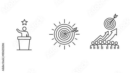 Set of three line icons representing leadership, goal target, and business growth achievement with upward arrow and team success