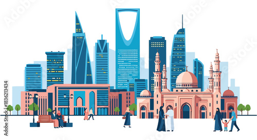 Riyadh cityscape with modern skyscrapers and traditional Islamic architecture including a mosque and people enjoying the urban environment