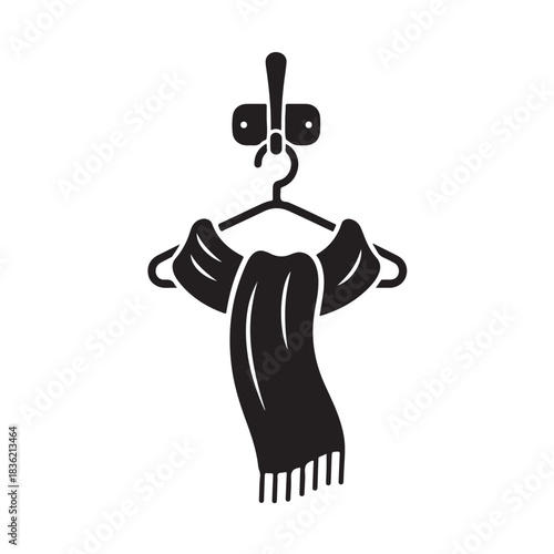 Minimalist black glyph icon of a scarf on a hanger perfect for fashion wardrobe or retail designs is