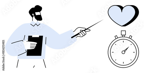Time management, emotional health, productivity, work-life balance, goal-setting, efficiency. A man pointing to a heart and stopwatch. Time management and emotional health
