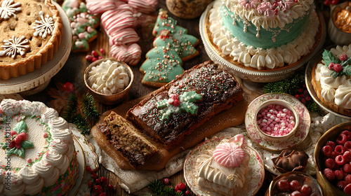 Overhead view of a festive holiday table filled with christmas treats and desserts