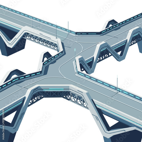 Isometric view of a modern highway interchange with elevated roads crossing in an X-shape, featuring futuristic design and blue accents on a white background.