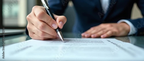 A professional businessman signing an investment contract with a pen, emphasizing focused composition and ample copy space for future marketing needs.