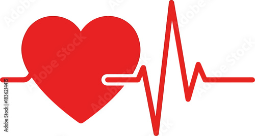 Red Heartbeat Line Symbol Over White Background, Medical Health Care EKG Pulse Wave Graphic, Heart Rhythm Sign