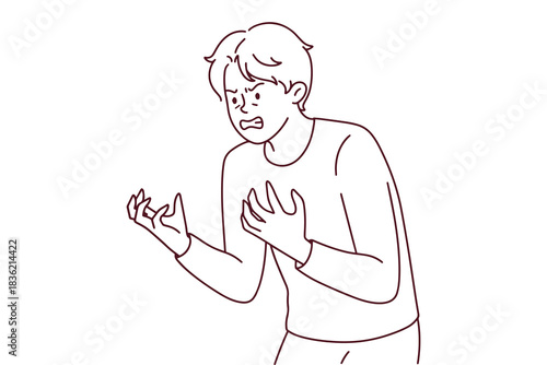 Black and white outline of furious male character arguing. Linear drawing of guy expressing negative emotions, stress and aggression.