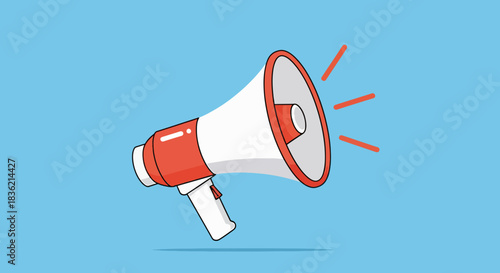 Red and White Megaphone with Sound Waves Illustration on a Blue Background, Alert and Announcement Concept
