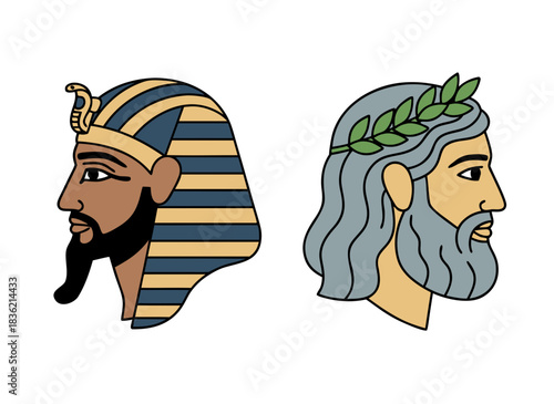 Ancient Egyptian Pharaoh and Greek God Profile Portrait Vector Illustration