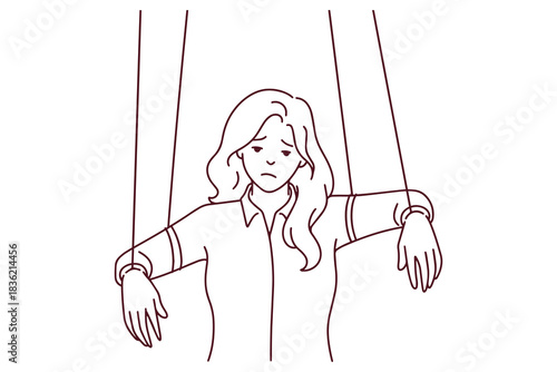 Outline illustration of female puppet suspended on ropes. Black and white sketch representing psychological manipulation, dependency and lack of control.
