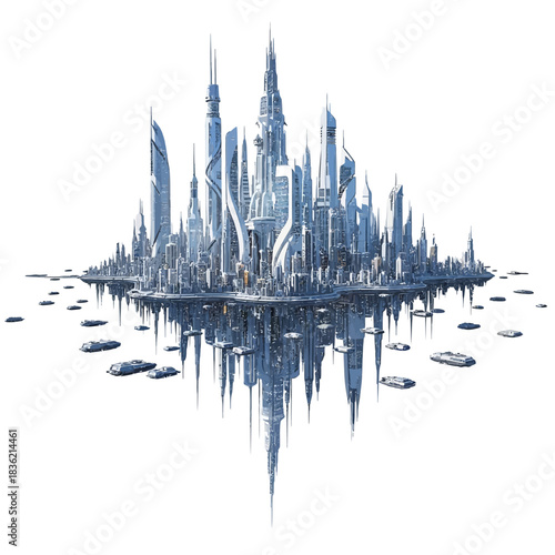 A detailed illustration of a futuristic floating city with towering skyscrapers and advanced architecture, reflecting below on a white background.