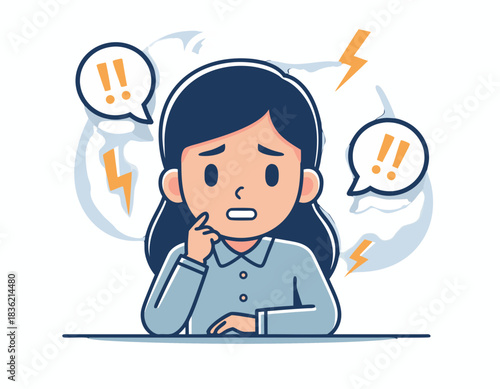 Anxious Woman with Exclamation Marks in Speech Bubbles and Lightning Bolts Symbolizing Stress and Worry in a Flat Design Illustration