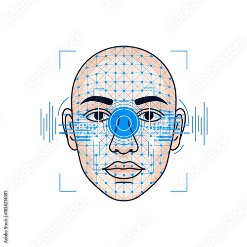 A digital representation of a human face with a blue grid overlay, dots, and a central target, symbolizing facial recognition technology and biometric scanning.