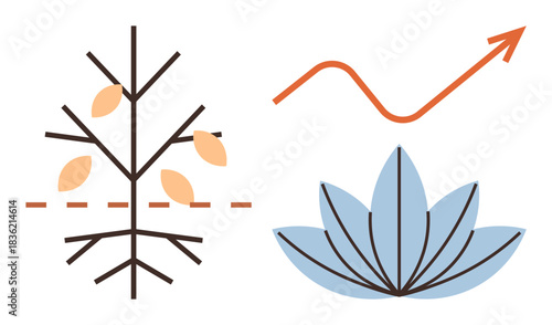Abstract tree with split roots and branches, lotus flower, rising arrow. Ideal for growth, balance, sustainability, nature, progress mindfulness self-improvement. Clean simple flat metaphor