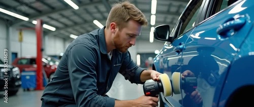 Skilled technician polishes a blue car in a modern auto workshop, showcasing automotive care; camera gently pans as overhead lights flicker, creating a cinematic, professional ambiance.