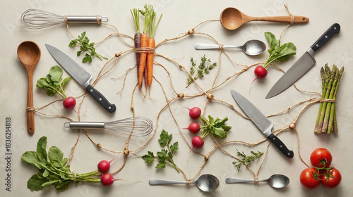 Cooking utensils and fresh vegetables network flat lay
