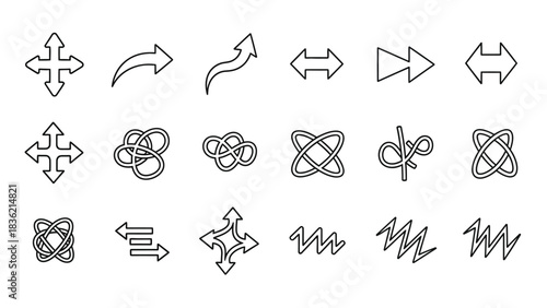 Collection of various black and line art arrow icons and knot symbols for navigation, direction, and abstract design elements