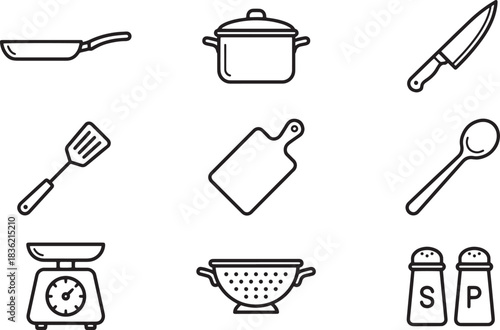Set of Kitchen Line Icons Cooking Utensils Frying Pan Pot Knife and Other Equipments
