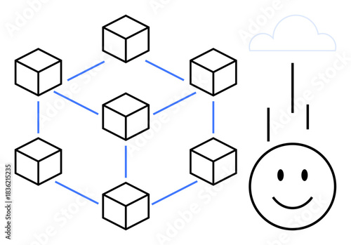 Blockchain concept. Blockchain network interconnected blocks, cloud-based data transfer, and a happy face symbol. Blockchain for cloud computing, digital storage, data management, decentralized