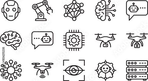 Set of Artificial Intelligence Line Icons Robotics Machine Learning and Data Science