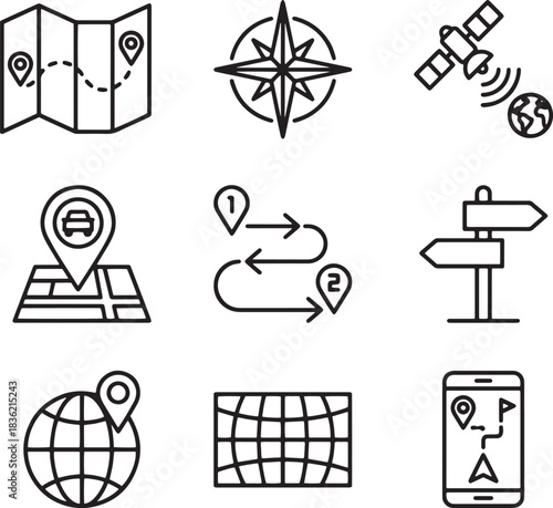 Set of Navigation Line Icons Route Map Compass Direction and Destination Signs