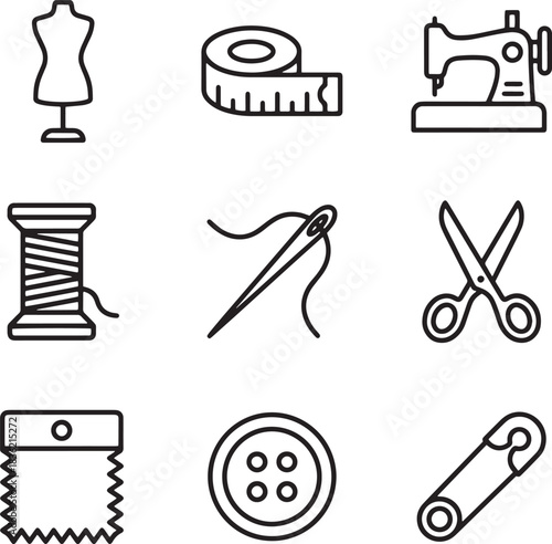 Set of sewing tools and equipment line icons tailor and needlework craftsmanship