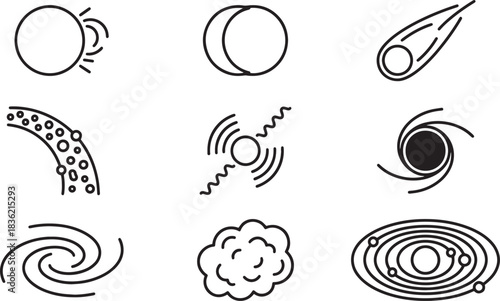 Set of Space Line Icons Galaxy Universe Planet Comet and Solar System Related Signs
