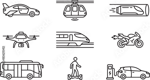 Transportation Line Icons Flying Car Helicopter Bullet Train Drone Motorcycle Bus