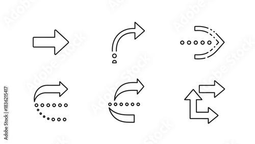 Set of six different black and outline arrow icons showing various directions, curves and return paths