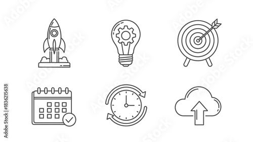 Set of six black and line icons representing business concepts like startup, idea, target, schedule, time, and cloud upload